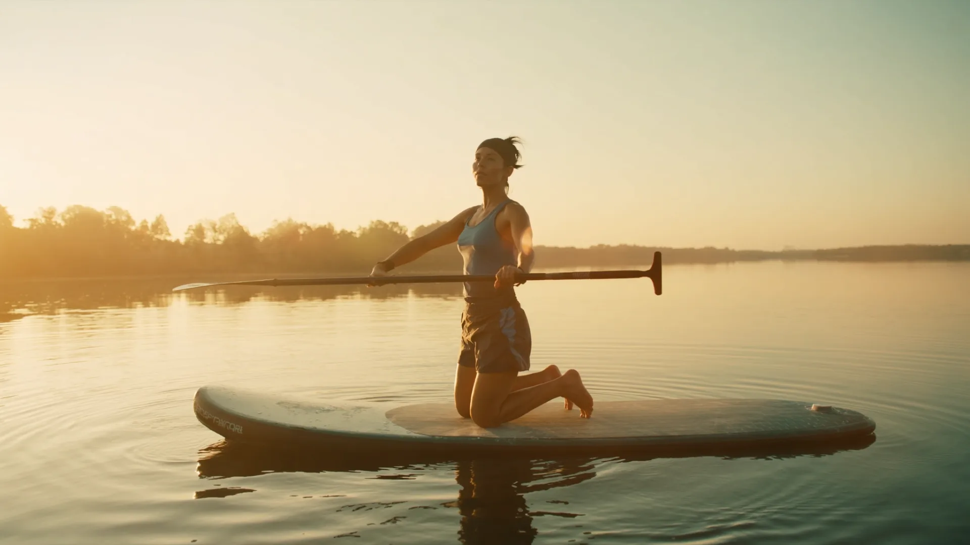Beginnersgids: zo begin je met suppen — Beginner knielend op een SUP-board op rustig water