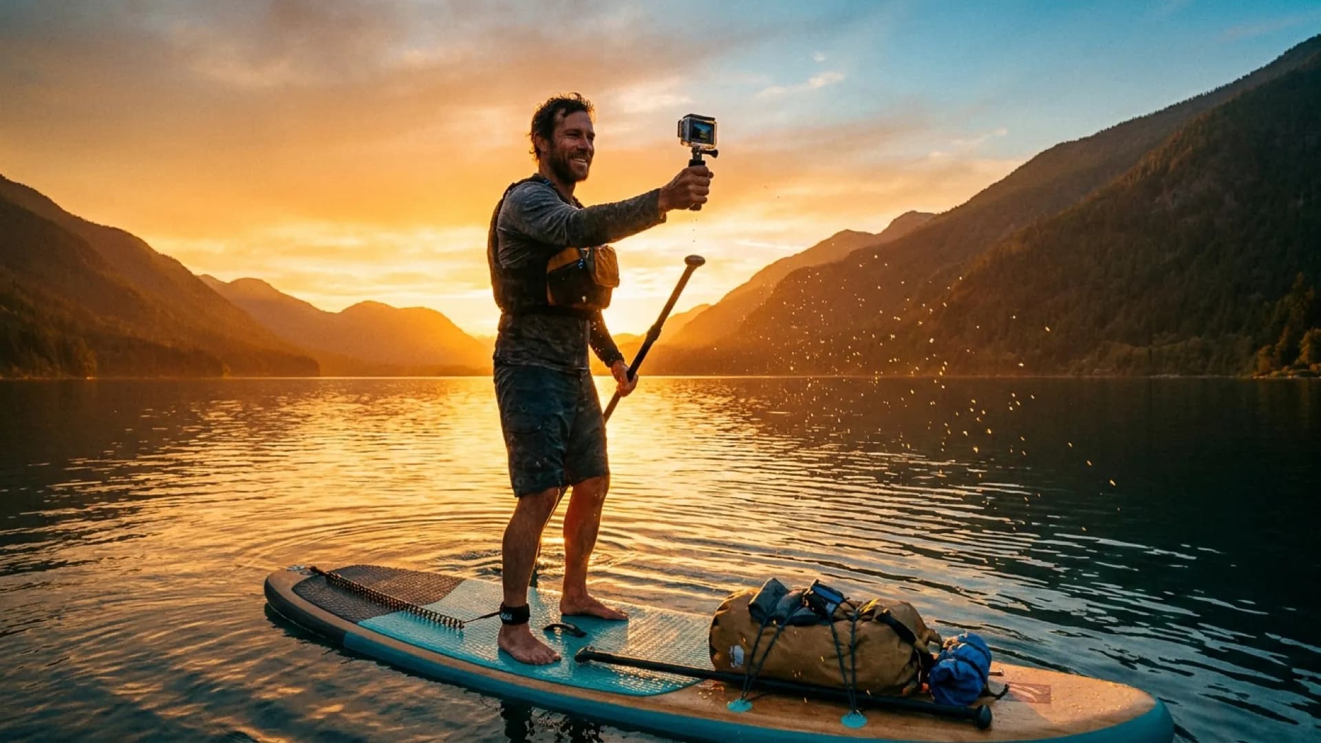 SUP fotografie: waterdichte cases, golden hour en compositie vanaf je board: zonnig sfeerbeeld op het water