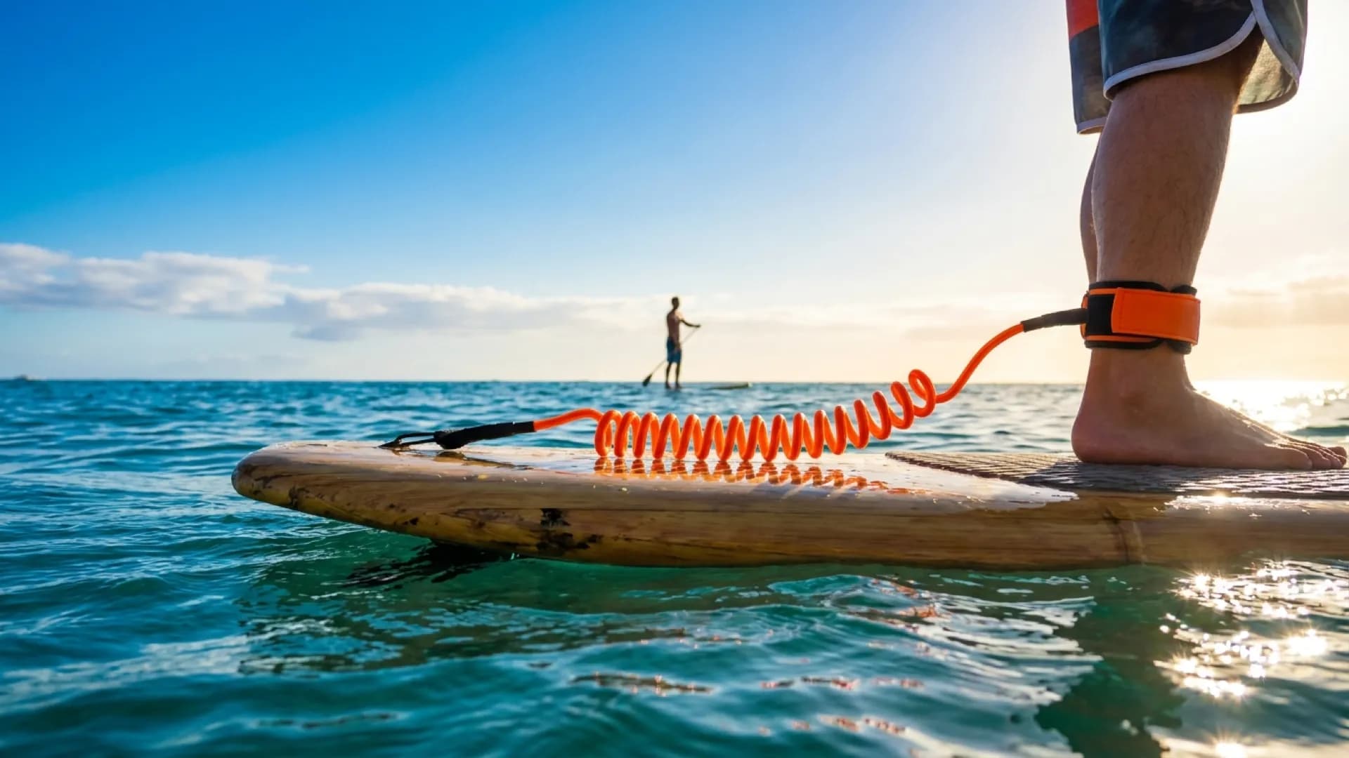 SUP leash kopen: enkel, coiled of heup met quick-release?: zonnig sfeerbeeld op het water