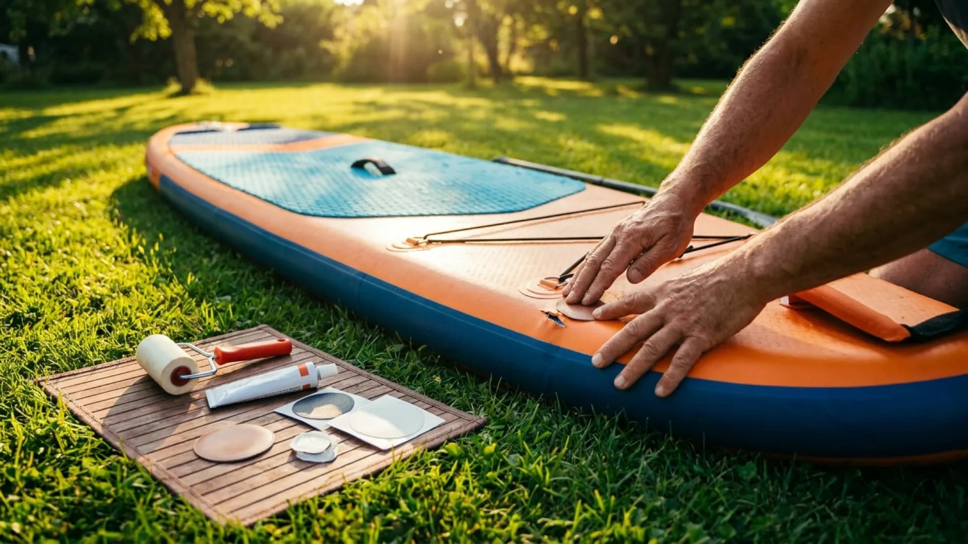 SUP repareren: lek vinden en plakken in 6 stappen: zonnig sfeerbeeld op het water