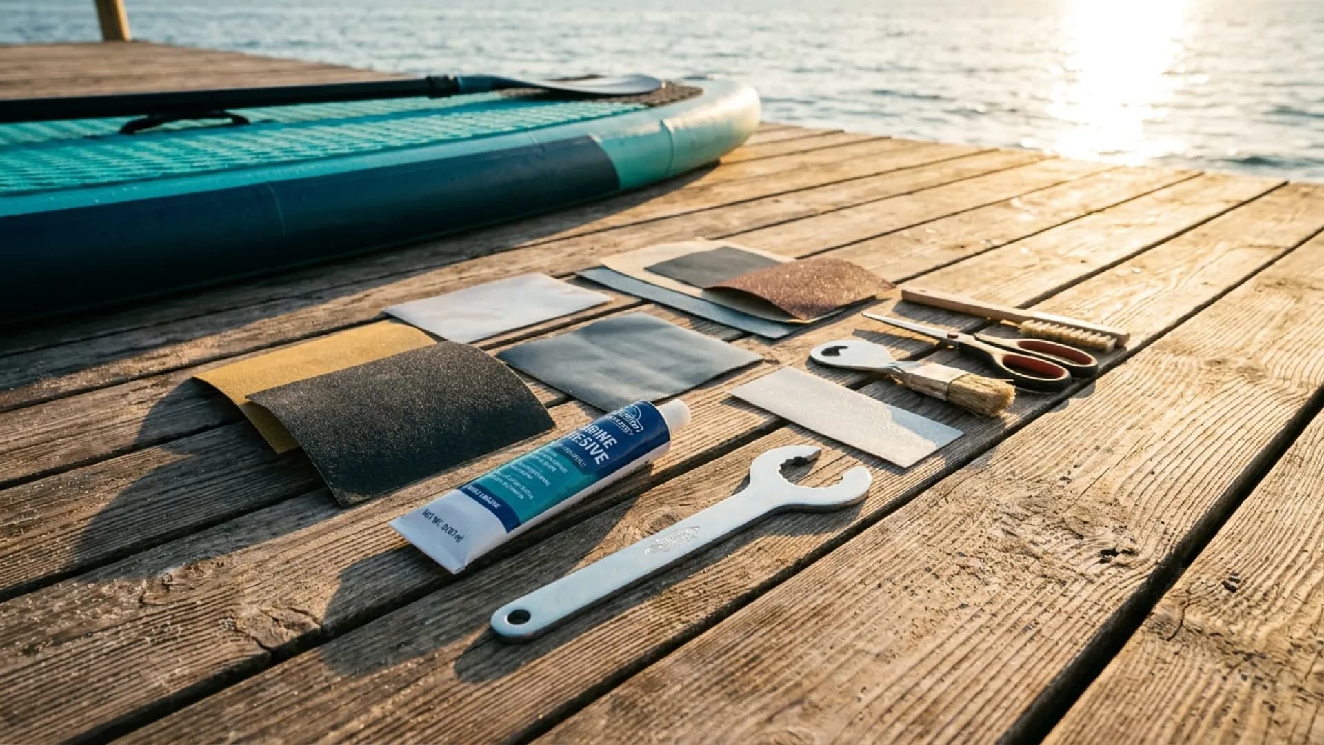 SUP reparatieset: wat hoort erin en wat is overbodig: zonnig sfeerbeeld op het water