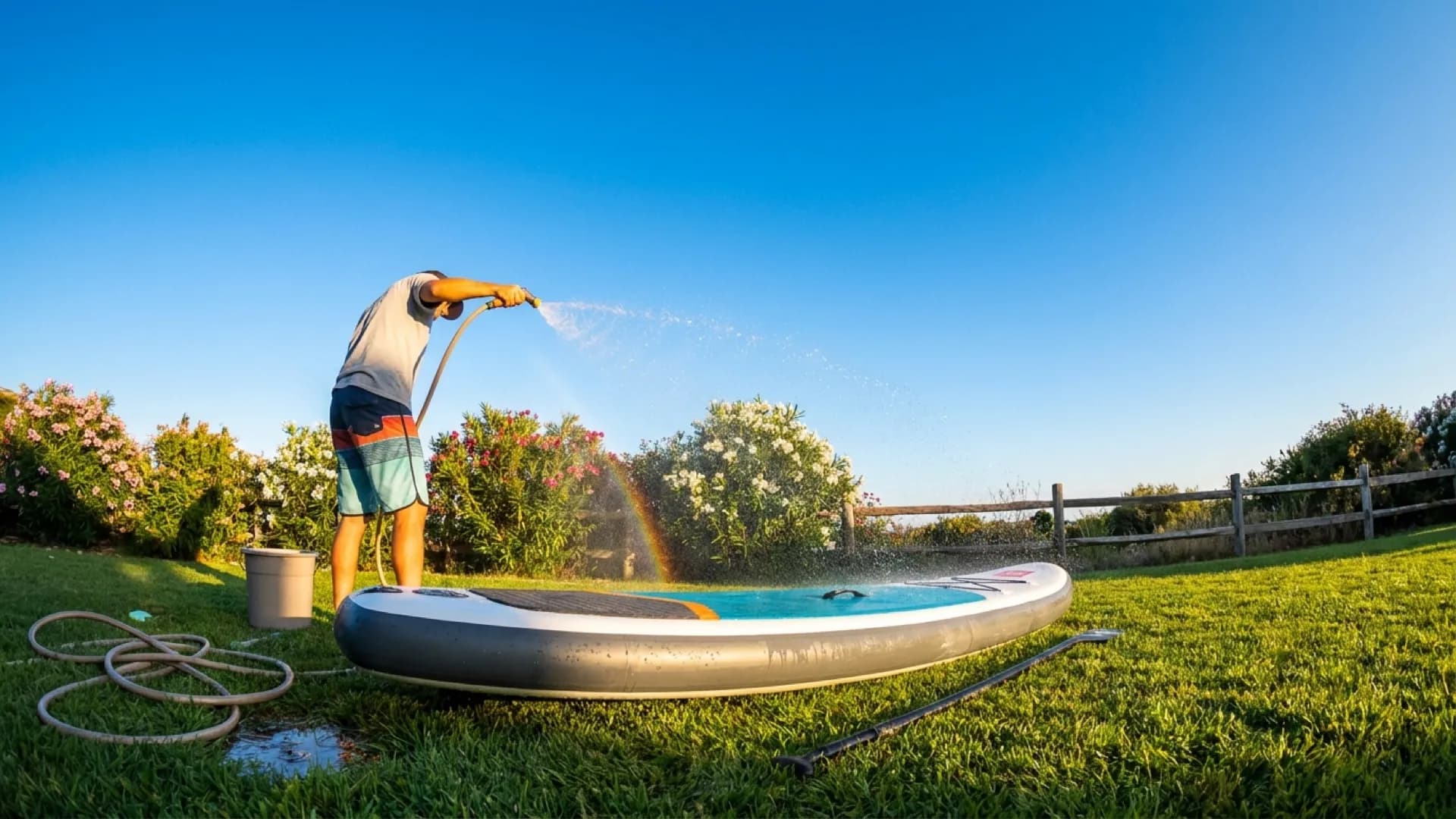 SUP schoonmaken: na elke tocht in 10 minuten klaar: zonnig sfeerbeeld op het water