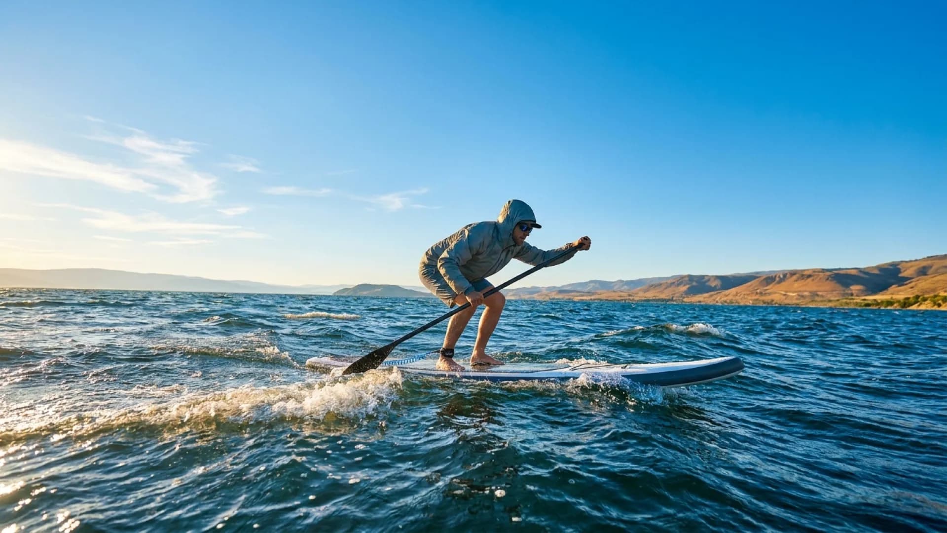 SUP tegen wind: technieken en route-keuze voor windweer: zonnig sfeerbeeld op het water