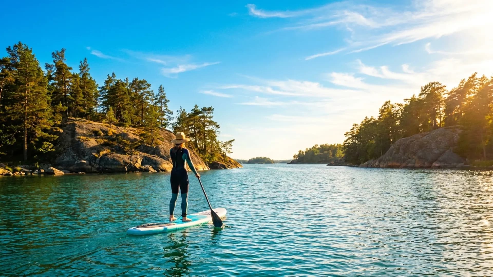 SUP Zweden: meren, archipels en zomeravonden op het water: zonnig sfeerbeeld op het water