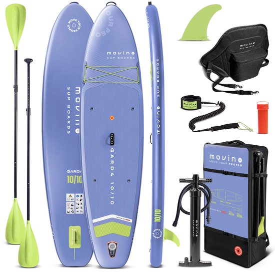 Movino Garda - Sup Board - 10’10” (330cm) - Opblaasbaar - Max. 160 kg - Rugzak - Dubbele pomp - Leash, Vin - 2-in-1 peddel - Kajakstoel - Reparatieset