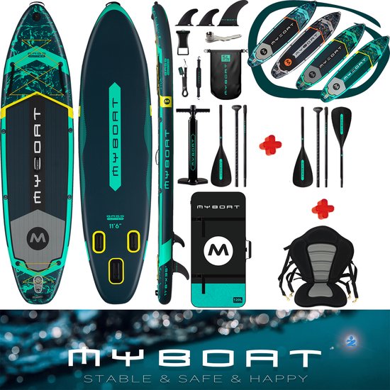 Luxe zeer complete set | BassHunter Kajak Peddel Boord | 350cm lang MyBoat SUP Board Set met 7 cm hoog stevig zitje plus tweede extra 4 delige peddel voor kano ervaring | 2 personen | Samen Stand Up peddelen | 168 Kg belastbaar gewicht | kajakken