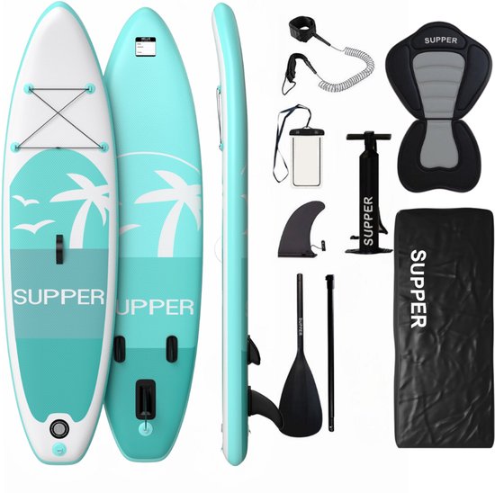 Supper Sup Board XL - Max. 220KG - Opblaasbaar – Paddle Board – Waterdicht Telefoonhoesje – Zitje - Pomp – Vin – Leash – Draagtas – 335 x 81 cm - Turqoise