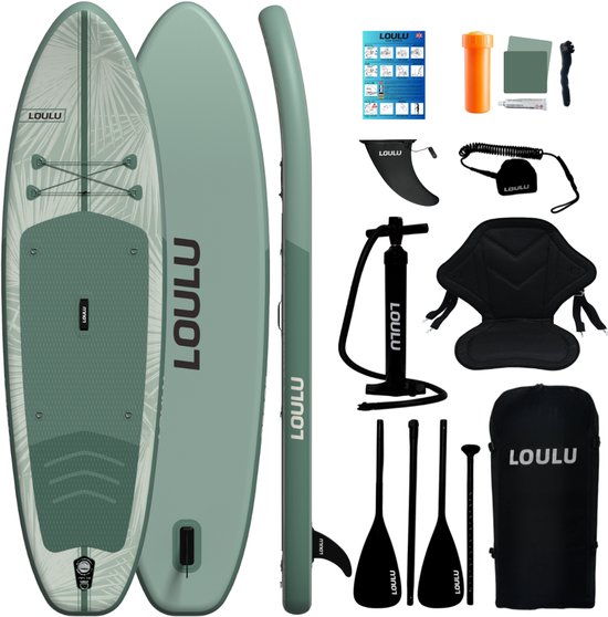 LOULU SUP Board Set - Met Zitje - Allround - Compleet Pakket - Opblaasbaar Paddle Board - 315x84cm - Olijfgroen - 150kg