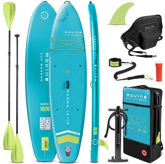 Movino Garda - Sup Board - 10’10” (330cm) - Opblaasbaar - Max. 160 kg - Rugzak - Dubbele pomp - Leash, Vin - 2-in-1 peddel - Kajakstoel - Reparatieset