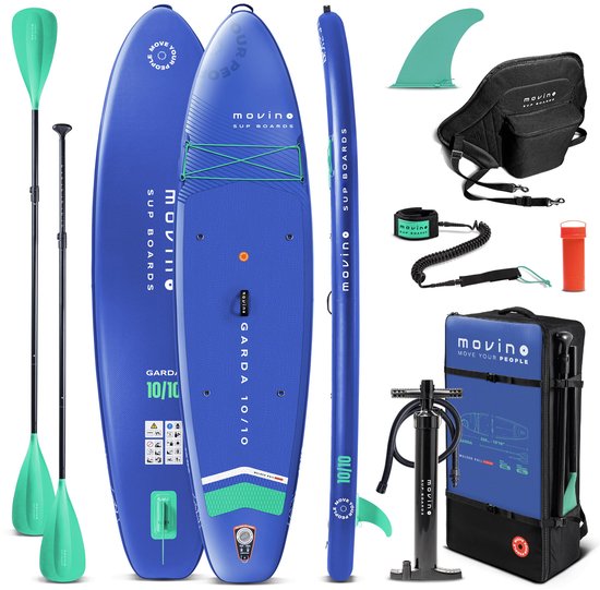 Movino Garda - Sup Board - 10’10” (330cm) - Opblaasbaar - Max. 160 kg - Rugzak - Dubbele pomp - Leash, Vin - 2-in-1 peddel - Kajakstoel - Reparatieset