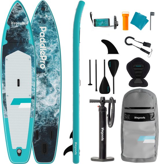 LifeGoods SUP Board Touring - met Zitje - 165 KG Draagkracht - 365 x 76 cm - Opblaasbaar - Compleet Sup pakket - Donkerblauw