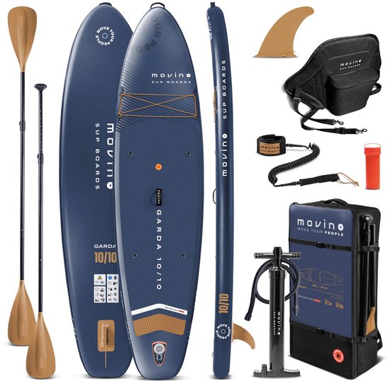 Movino Garda - Sup Board - 10’10” (330cm) - Opblaasbaar - Max. 160 kg - Rugzak - Dubbele pomp - Leash, Vin - 2-in-1 peddel - Kajakstoel - Reparatieset