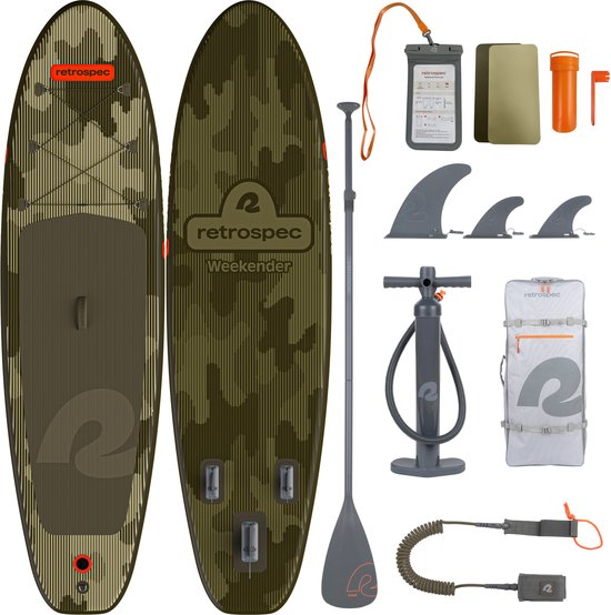 Retrospec Opblaasbaar Supboard - 320 cm - Inclusief Peddel, Opbergtas en Accessoires - Stand Up Paddle Board - Bruin / Groen
