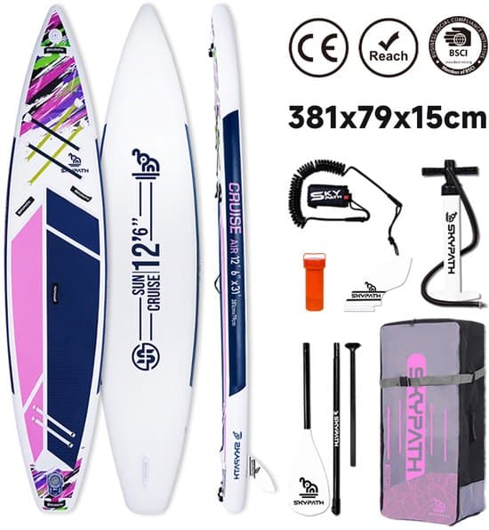 WaveRite Opblaasbaar SUP Board 381x79x15 cm, Ultralicht Stand Up Paddle Board, 200 kg Draagvermogen, 1-2 Pers., Complete Set, Paars – Voor Avontuur & Familie