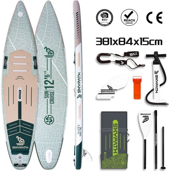 WaveRite Opblaasbaar SUP Board 381x84x15 cm – Tot 200 kg Draagkracht, Ultra-Licht Stand-Up Paddleboard met Voetpedaal, Touring, 2+1 Personen, Groen