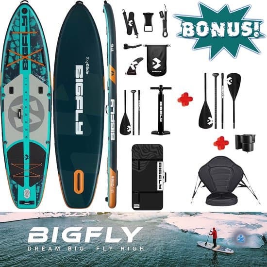 Luxe zeer complete BIGFLY Touring Sup Set Sky Glide — Extra 5cm hoog stevig zitje | Vierdelige Peddel | Extra Breed | Visgerei beker houder | 350cm Stand Up Sup Paddle Board — Afneembare Vin, Camera Mount, Lucht Pomp, 195 Kg belastbaar, Familie