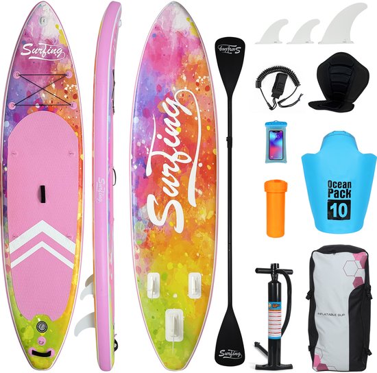 Puluomis - Opblaasbaar Stand-Up Paddleboard - 335x84x15cm - Surfboard - SUP - Met kajakzitje - Dubbele peddel - Complete set - Roze groen
