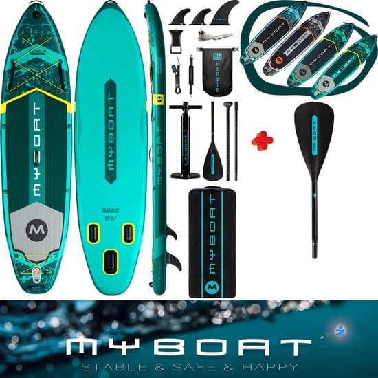 Ultra Licht & Stabiel MyBoat Bass Hunter Boord voor 2 personen | Extra Breed Opblaasbaar 350cm Stand Up Sup Paddle Board | Sterke enkelvoudige of dubbel peddel blad te koppelen kajak/kano paddel beide zijden paddelen | 3 Vinnen | Pomp