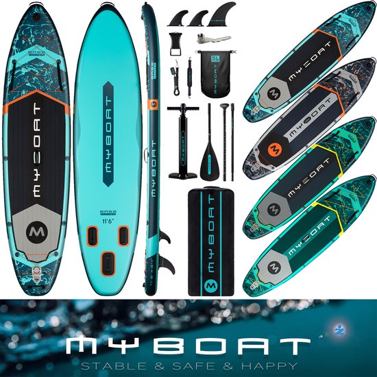 Ultra Licht & Stabiel Opblaasbaar Bass Hunter Boord (…voor 2 personen) van MyBoat | 350cm Stand Up Sup Paddle Board voor samen Familie | Extra Breed | 3 Afneembare Vinnen, Dubbele Bungees, Camera Mount, Handpomp, Sterke Verstelbare Peddel, Enkelkoord