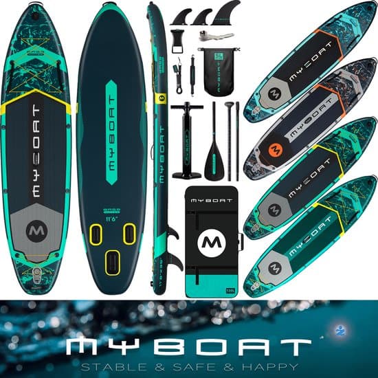 Ultra Licht & Stabiel Opblaasbaar Bass Hunter Peddel Boord (…voor 2 personen) van MyBoat | 350 cm XL Stand Up Sup Paddle Board voor samen Familie | Extra Breed | 3 Afneembare Vinnen, Camera Mount, pomp, Sterke Verstelbare Peddel, 168 Kg belastbaar