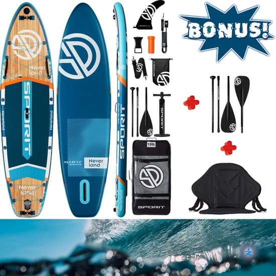SPORIT Never Land Pro Sport Set Blauw — Extra vierdelige Peddel | Sportief compact zitje | 350cm Stand Up Sup Paddle Board | Extra Breed | Ultra Licht & Stabiel | 350cm Stand Up Sup Paddle Board — 180 Kg, Familie, Volwassenen, Kinderen, Samen