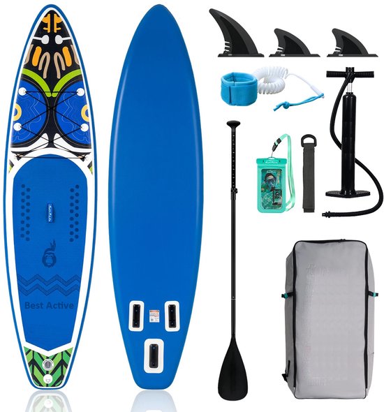 Best Active SUP Board XXXL - Opblaasbaar Paddle Board - Complete Set - Met Pomp / Draagtas / Verstelbare Peddel / Enkelkoord / Reparatiekit - Belastbaarheid Max. 180KG - 350x84x15cm - Blauw