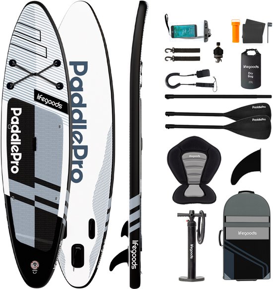 LifeGoods PaddlePro SUP Board Pro - Pro Set - Met Zitje - Opblaasbaar Paddle Board - Max. 150KG - 320x81cm - Wit/Zwart
