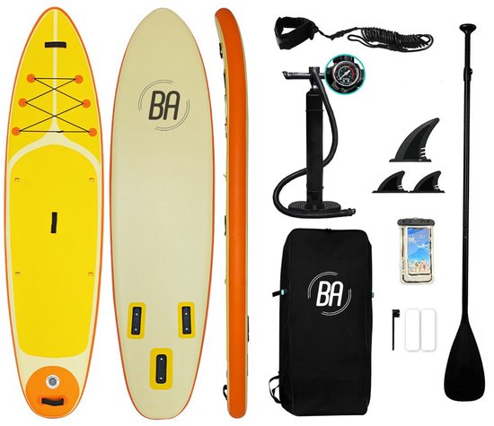 Best Active SUP Board Pro - Opblaasbaar Paddle Board - Complete Set - Met Pomp / Draagtas / Verstelbare Peddel / Enkelkoord / Reparatiekit - Belastbaarheid Max. 150KG - 320x81x15cm - Oranje/Geel
