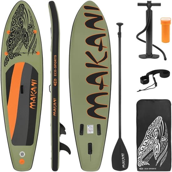 Stand Up Paddle opblaasbaar SUP Board Makani 320x80x15 cm in olijfkleur gemaakt van PVC, inclusief pomp en draagtas.