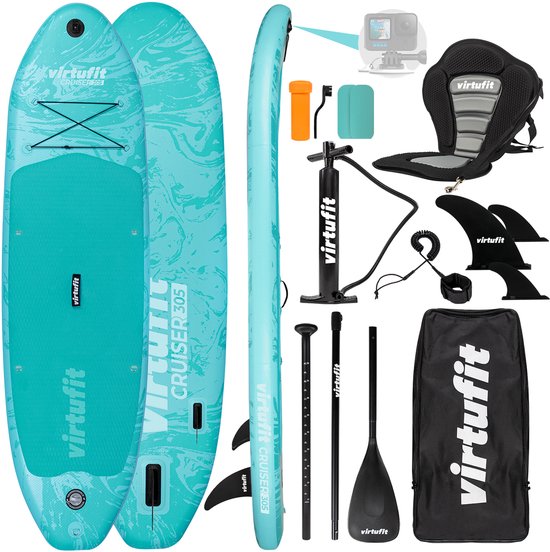 VirtuFit Cruiser Opblaasbaar SUP Board 305 cm - Max. 180 kg - Complete Set - Incl. Kajak Zitje, Peddel, Pomp, Tas & GoPro-mount - Stand Up Paddle Board - Blauw