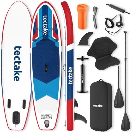 tectake® Stand-Up Paddle Board - 2-in-1 SUP Plank - Opblaasbaar - Stabiel - 288 x 77 x 22,5 cm - Ook als Kajak - Max 200kg - Rood/Blauw - Complete SUP set
