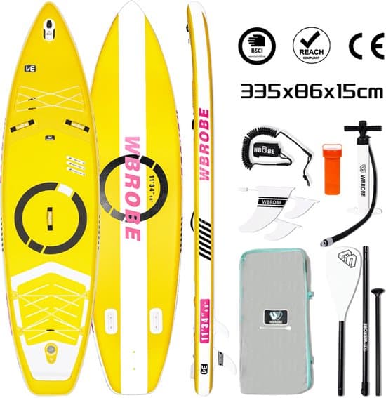 WaveRite Opblaasbare SUP 335 cm – Stand Up Paddleboard met Voetpedaal, Tot 200 kg, Ultra Licht, Touring Allround Paddleboard voor 1-2 Personen – Geel