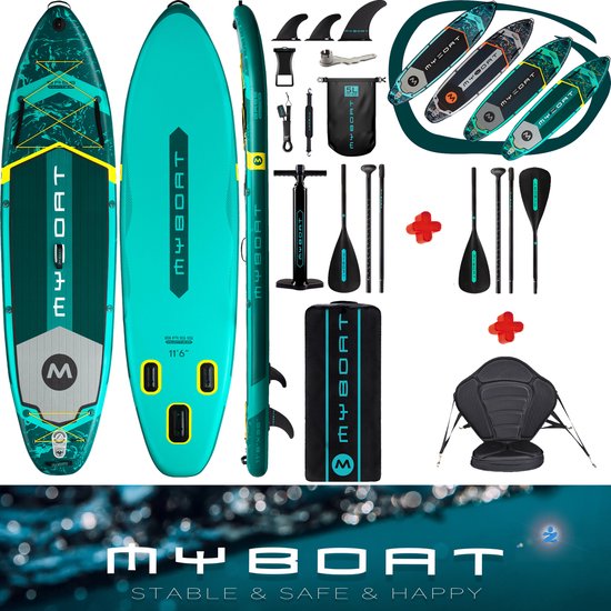 Luxe zeer complete set | BassHunter Kajak Peddel Board | 350cm lang MyBoat SUP Board Set met 5cm hoog stevig zitje plus tweede extra 4 delige peddel voor kano ervaring | 2 personen | Samen Stand Up peddelen | 168 Kg belastbaar gewicht | kajakken