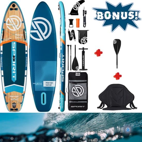 SPORIT Never Land Pro Racing Sport Blauw — 350cm Stand Up Sup Paddle Board | Extra sterk Peddel blad | Compact Sportief zitje | Extra Breed | Ultra Licht & Stabiel — Afneembare Vin, Camera Mount, Lucht Pomp, 195 Kg belastbaar, Familie, Volwassenen