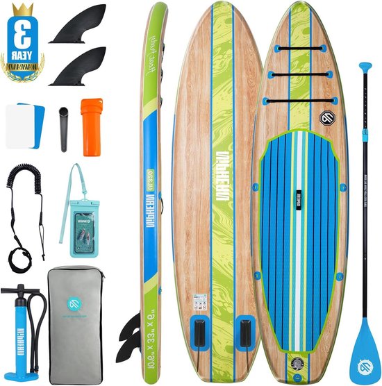 Opblaasbaar Paddleboard - SUP board - Watersport Avontuur - Hoge Draagkracht - 320 cm - Hout en Groen