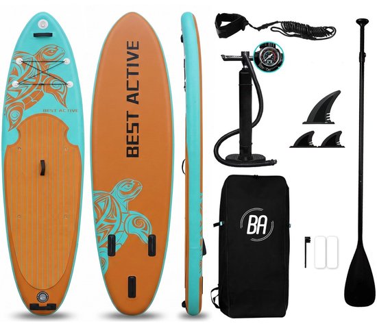 Best Active Ocean Turtle SUP Board - Opblaasbaar Paddle Board - Complete Set - Belastbaarheid Max. 150KG - 320x81x15cm - Met Pomp / Draagtas / Verstelbare Peddel / Enkelkoord / Reparatiekit