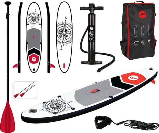 PURE4FUN SUP Board - Opblaasbaar Paddle Board - Complete Set - Met Pomp / Draagtas / Verstelbare Peddel / Enkelkoord / Reparatiekit - Max. 100KG - 305x71cm - Kompas