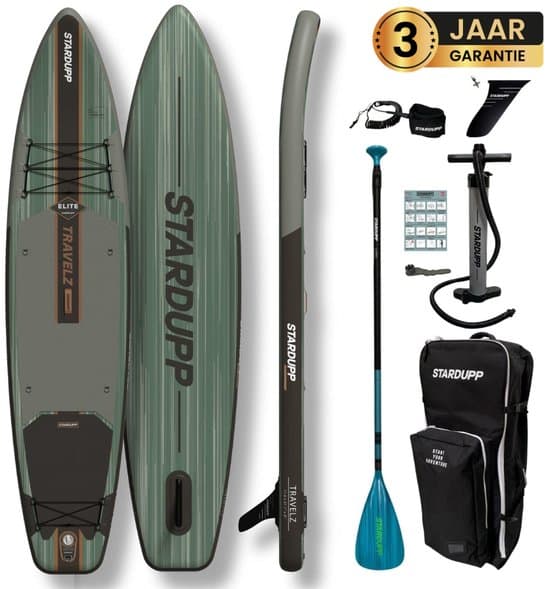 Stardupp Travelz Elite SUP Board – Opblaasbaar – Touring Model – 350x79cm – Max. 150KG – Complete Set – Inclusief Pomp, Peddel & Trolley Rugzak - Groen