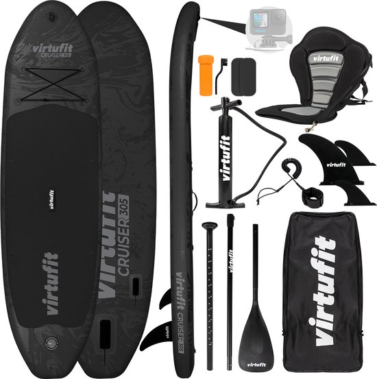 VirtuFit Cruiser Opblaasbaar SUP Board 305 cm - Max. 180 kg - Complete Set - Incl. Kajak Zitje, Peddel, Pomp, Tas & GoPro-mount - Stand Up Paddle Board - Zwart