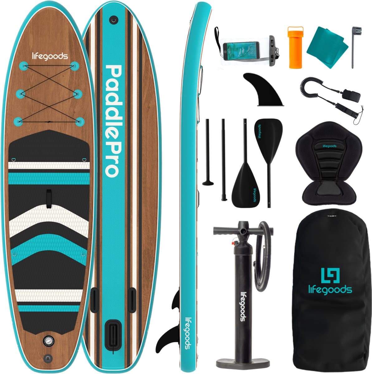 LifeGoods PaddlePro SUP Hout/Blauw, 320×81 cm, max 150 kg