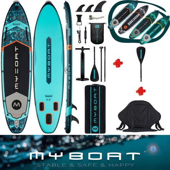 MyBoat Bass Hunter Kajak Peddel Boord | SUP Board Set met zitje & 4 delige peddel voor kano ervaring compleet | 1, 2 tot 3 personen, Familie | 168 Kg belastbaar Stand Up Paddle Board | Extra Breed 350cm lang Ultra Licht & Stabiel Opblaasbaar kajakken