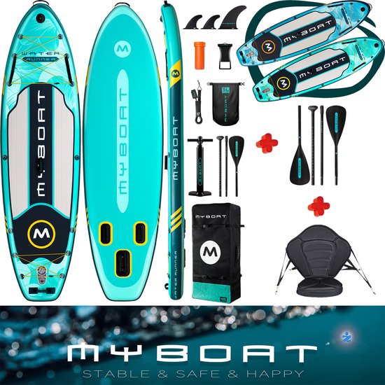Luxe zeer complete set | Opblaasbaar MyBoat Kajak Boord | Bredere neus & extra beweegruimte SUP Board met 5cm hoog stevig zitje en 4 delige peddel voor kano ervaring | 2 personen; Samen Stand Up peddelen | 168 Kg belastbaar kajakken