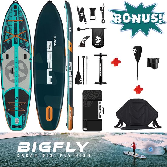 BIGFLY Sky Glide Pro Sport Vissen — Extra Peddel blad | Compact Sportief Zitje | Visgerei beker houder | Extra Breed | Ultra Licht & Stabiel | 350cm Stand Up Sup Paddle Board — Afneembare Vin, Camera Mount, Lucht Pomp, 195 Kg belastbaar, Familie