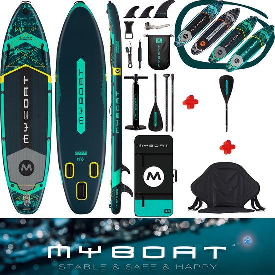 MyBoat Bass Hunter Kajak Peddel Boord | SUP Board Set met zitje plus 4 delige peddel voor kano ervaring compleet | 2 tot 3 personen, Familie | 168 Kg belastbaar Stand Up Paddle Board | Extra Breed 350cm lang Ultra Licht & Stabiel Opblaasbaar kajakken