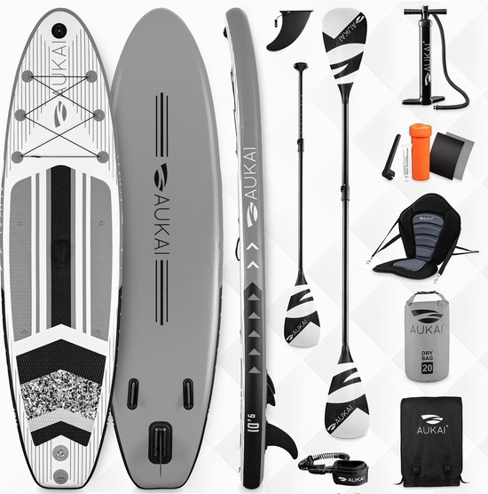 Supboard Pro - 320 cm - Grijs - Incl kayak paddle en zitje - Draagkracht tot 200KG