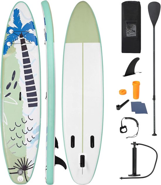 COSTWAY Stand Up Paddling Board, SUP-board, opblaasbaar, peddelboard met veiligheidslijn, peddel, pomp, middenvin, rugzak en reparatieset (groen, 320 x 76 x 15 cm)