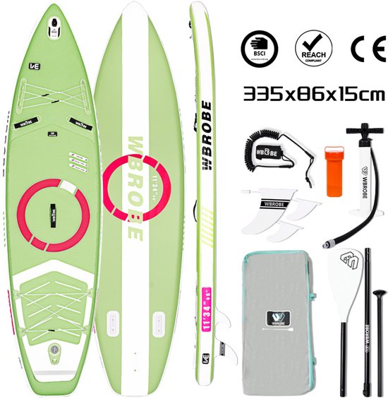 WaveRite Opblaasbare SUP 335 cm – Stand Up Paddleboard met Voetpedaal, Tot 200 kg, Ultra Licht, Touring Allround Paddleboard voor 1-2 Personen – Groen