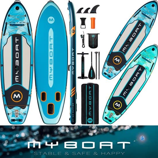 Ultra Licht & Stabiel Opblaasbaar Blue Water Runner Peddel Boord (…voor 2 of 3 personen) van MyBoat | 320 cm Stand Up Sup Paddle Board voor samen Familie | Extra Breed | 3 Vinnen, Camera Mount, pomp, Sterke Verstelbare Peddel, 168 Kg STD belastbaar