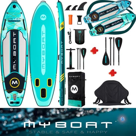 Luxe zeer complete set | Water Runner Kajak Peddel Boord | 320cm lang MyBoat SUP Board Set met compact sportief zitje en 4 delige peddel voor kano ervaring | 2 personen | Samen Stand Up peddelen | 168 Kg belastbaar gewicht | kajakken
