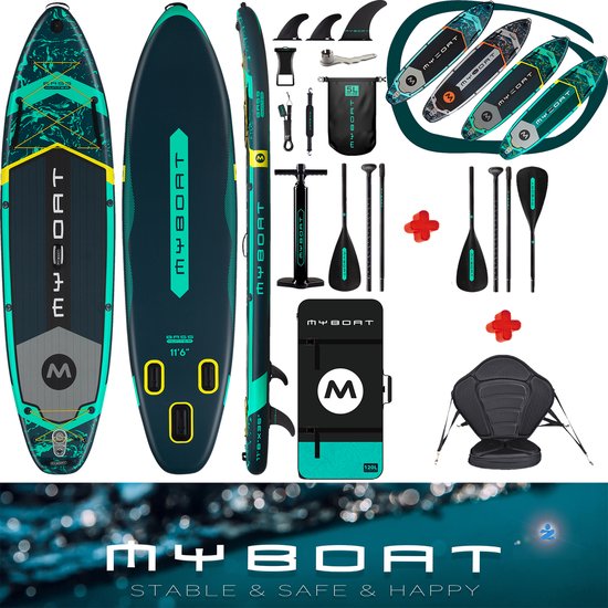 Luxe zeer complete set | BassHunter Kajak Peddel Board | 350cm lang MyBoat SUP Board Set met 5cm hoog stevig zitje plus tweede extra 4 delige peddel voor kano ervaring | 2 personen | Samen Stand Up peddelen | 168 Kg belastbaar gewicht | kajakken